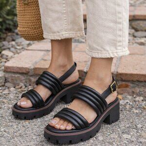 Tory Burch Black Quilted Leather Platform Lug Sole Slingback Sandals 10.5 NWOT